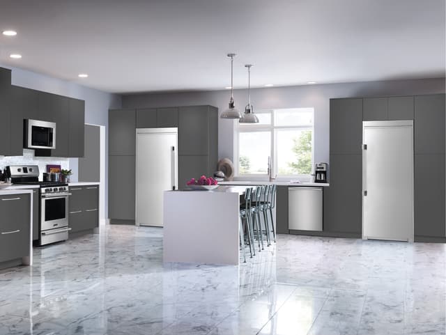 Credit: Frigidaire Front view of a modern kitchen with a column refrigerator and freezer